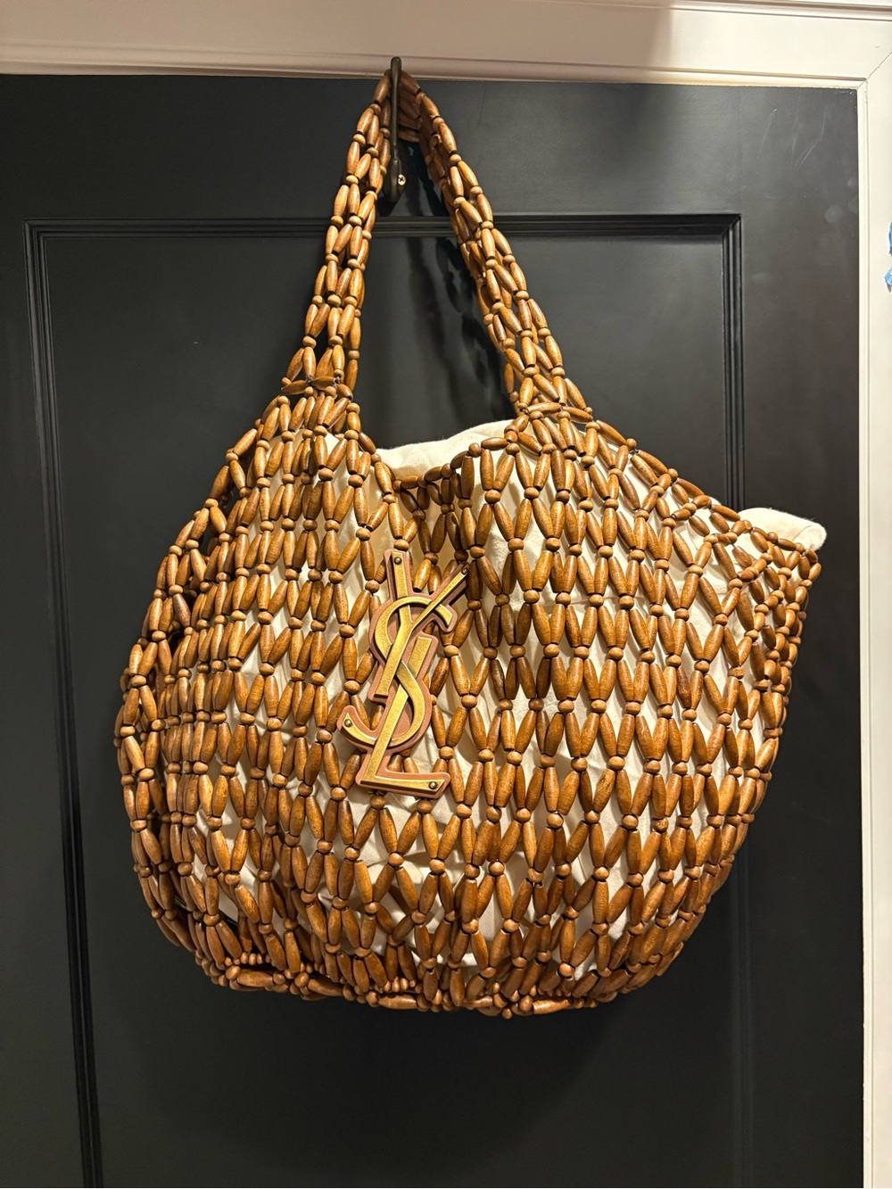 Saint Laurent Brown Woven Wood-Bead Icare medium yacht Tote with Gold YSL Italy - Picture 2 of 15